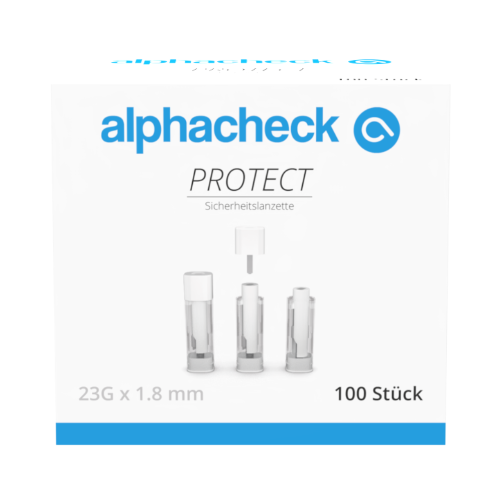Eine weiße Schachtel mit blauen und grauen Akzenten trägt die Aufschrift „alphacheck PROTECT“ der Berger Med GmbH und zeigt Alphacheck PROTECT Sicherheitslanzetten zur schmerzarmen Blutentnahme mit der Aufschrift „23G x 1,8 mm“ und „100 Stück“ auf der Vorderseite.