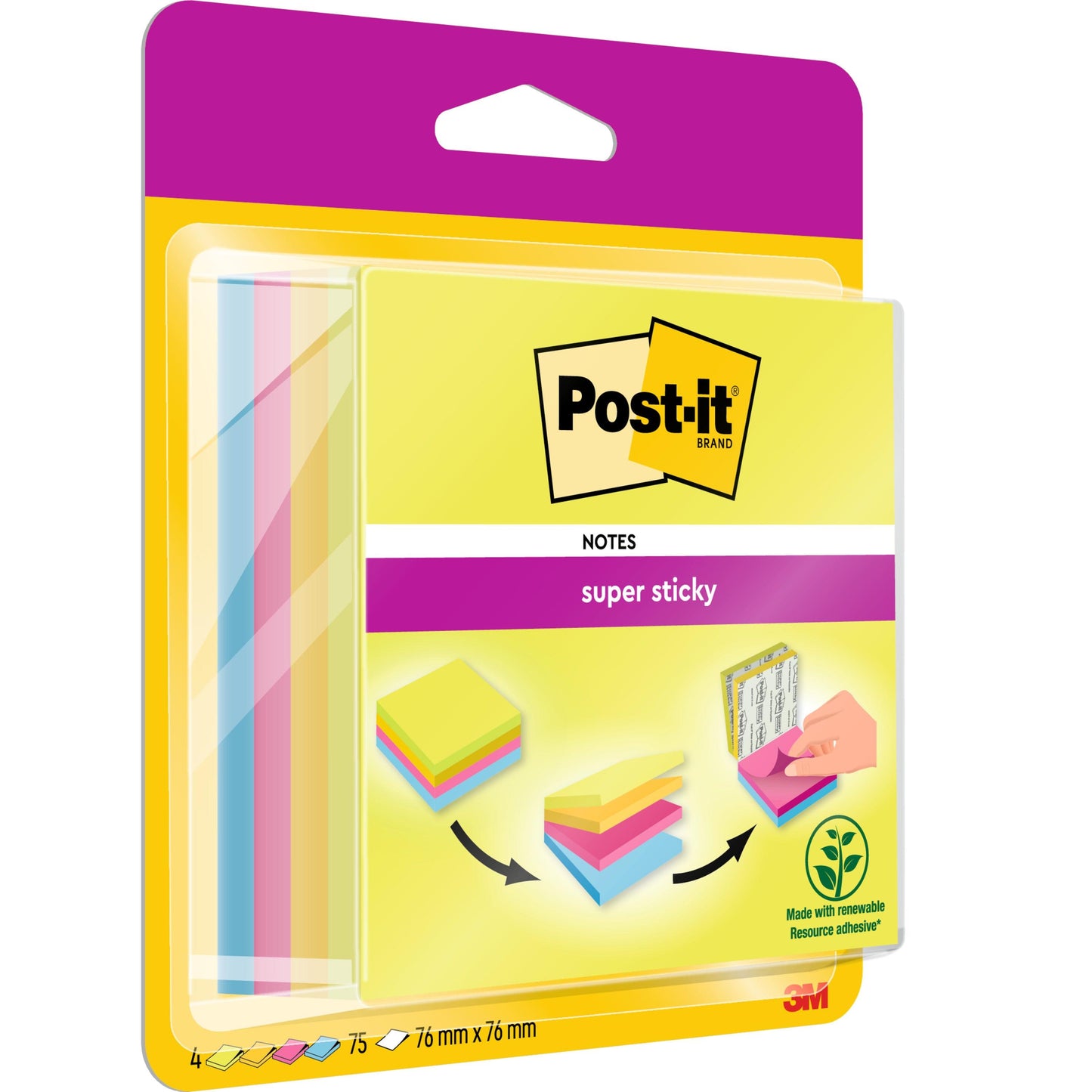 Post-it® Super Sticky Easy Select-kostka od 3M Deutschland GmbH obsahuje čtyři barevně tříděné bloky ve formátu 76 x 76 mm, každý s 75 listy, vyrobené ze 100% PEFC-certifikovaného papíru (SGSCH-PEFC-COC-110078).