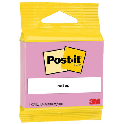 Balení 3M Post-it® Notes (63,5 x 76 mm, 100 listů) od 3M Deutschland GmbH, 100% PEFC certifikováno, se žlutým povrchem, růžovou přední stranou, "notes" a "lepící poznámky" na etiketě a červeným logem 3M vpravo dole.