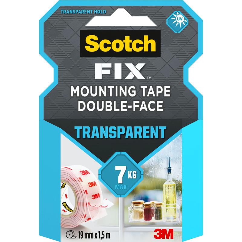 Obal průhledné oboustranné montážní pásky Scotch-FIX™ 4910C od společnosti 3M Deutschland GmbH ukazuje roli lepicí pásky v blízkosti předmětů na parapetu. Na etiketě je uvedena maximální hmotnost 7 kg a rozměry pásky 19 mm x 1,5 m.