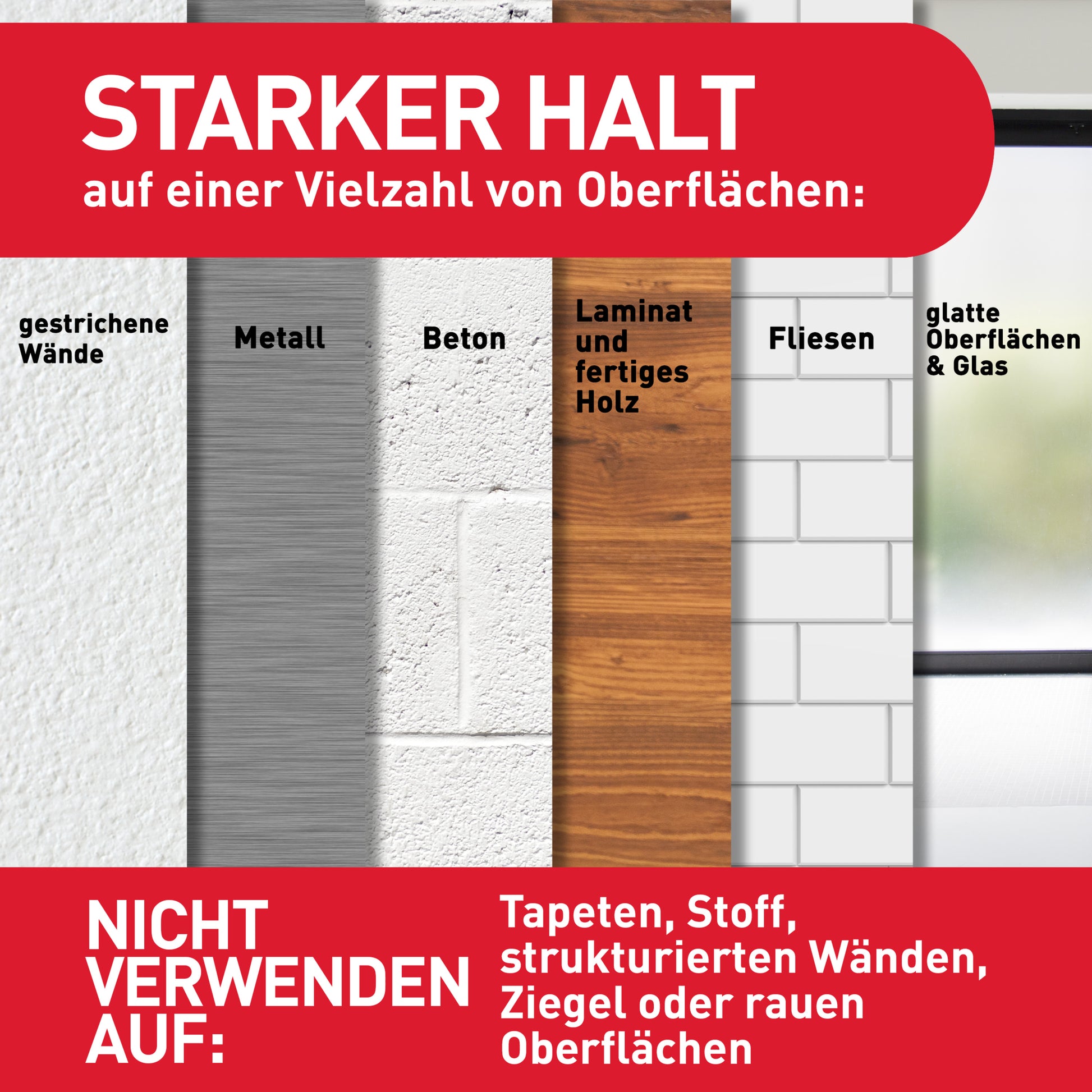 Der Command™ Small Drahthaken, 17067 von 3M Deutschland GmbH hält gut auf gestrichenen Wänden, Metall, Beton, Laminat oder fertigem Holz, Fliesen, glatten Oberflächen und Glas. Nicht auf Tapeten, Stoff, strukturierten Wänden, Ziegeln oder rauen Oberflächen verwenden.