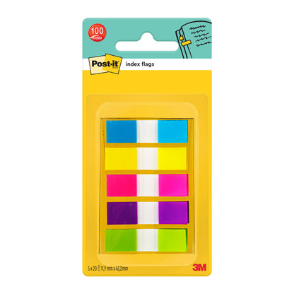 Post-it® Index Lepicí proužky Mini od 3M Deutschland GmbH obsahují 100 lepicích proužků v barvách modrá, žlutá, růžová, zelená a oranžová (velikost: 11,9 mm x 43,2 mm), které jsou uspořádány na žluté a oranžové zadní kartě.
