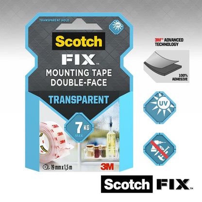 Průhledná oboustranná montážní páska Scotch-FIX™ 4910C od společnosti 3M Deutschland GmbH unese až 7 kg, měří 19 mm x 1,5 m a na obalu je označena symboly pro odolnost proti UV záření, pokročilou technologii 3M a silnou přilnavost.