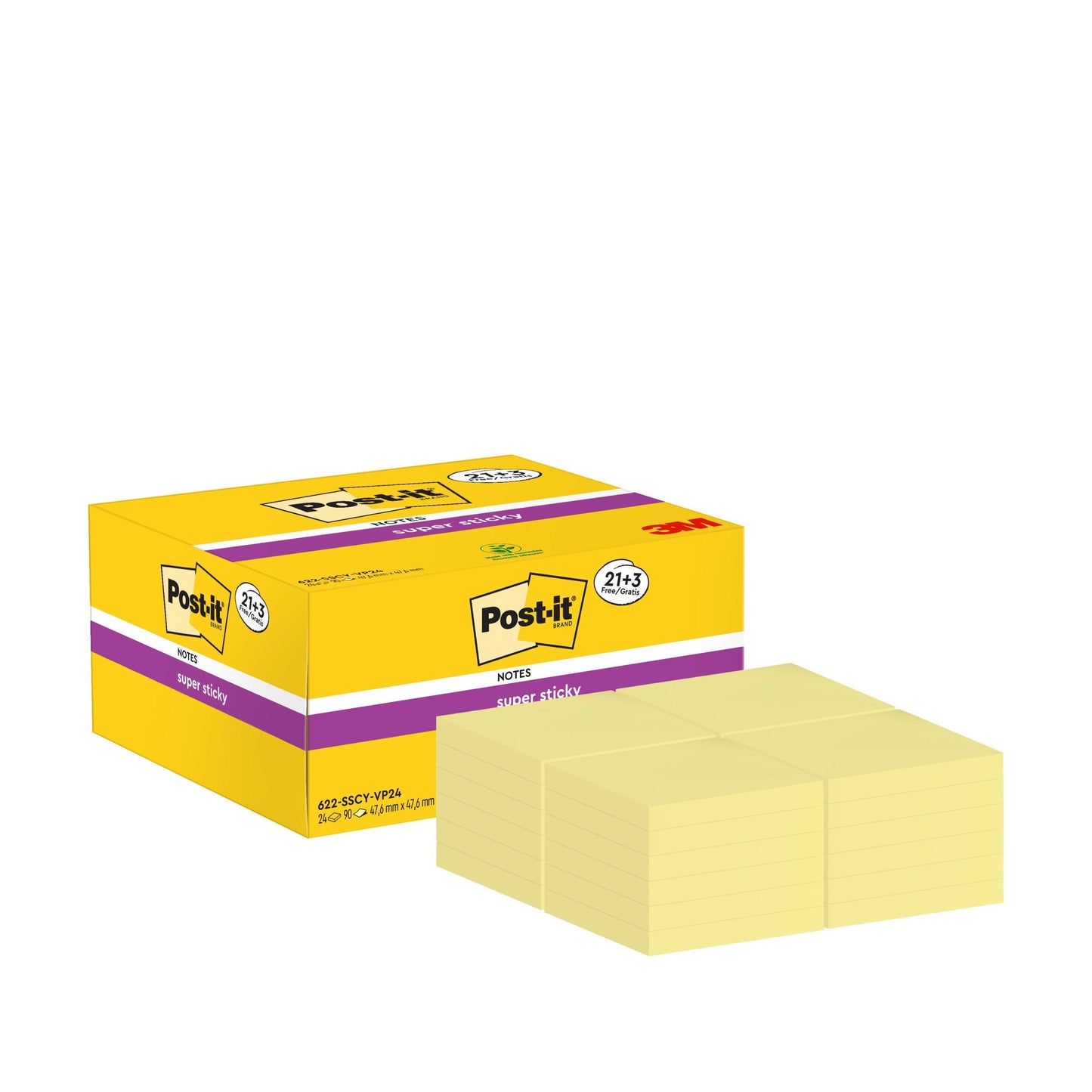 Žlutá krabička Post-it® Super Sticky Notes, žlutá, 47,6 x 47,6 mm od 3M Deutschland GmbH, obsahuje 21 bloků plus 3 bloky zdarma s 90 listy každý. Vyrobeno ze 100 % PEFC certifikovaného papíru pro extra přilnavost (SGSCH-PEFC-COC-110078).