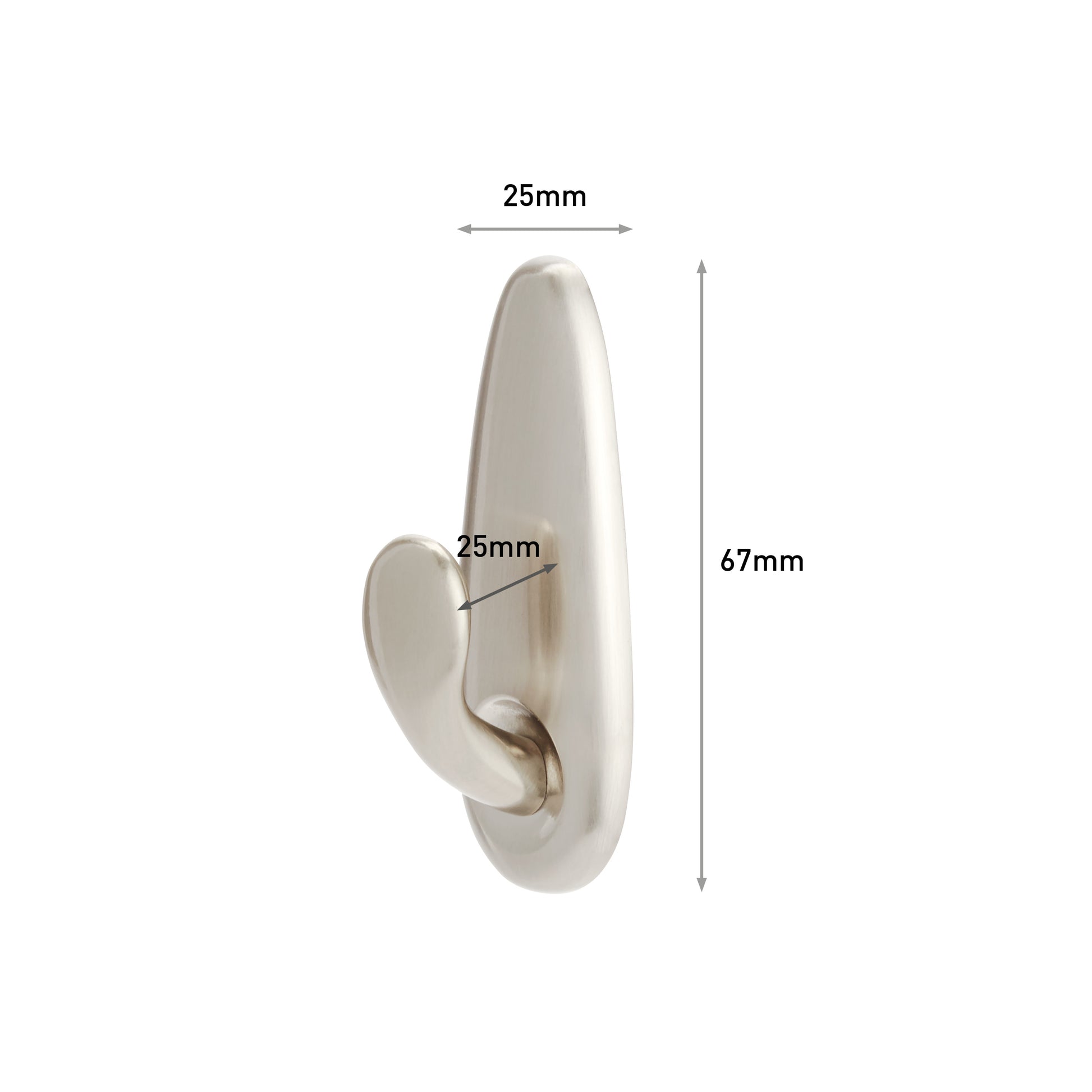 Der Command™ Metallhaken "klassisch" von 3M Deutschland GmbH ist mit einer gebürsteten Oberfläche abgebildet. Er ist 67 mm hoch, 25 mm breit und ragt 25 mm aus der Basis heraus, wobei diese Maße durch Anmerkungen hervorgehoben werden.