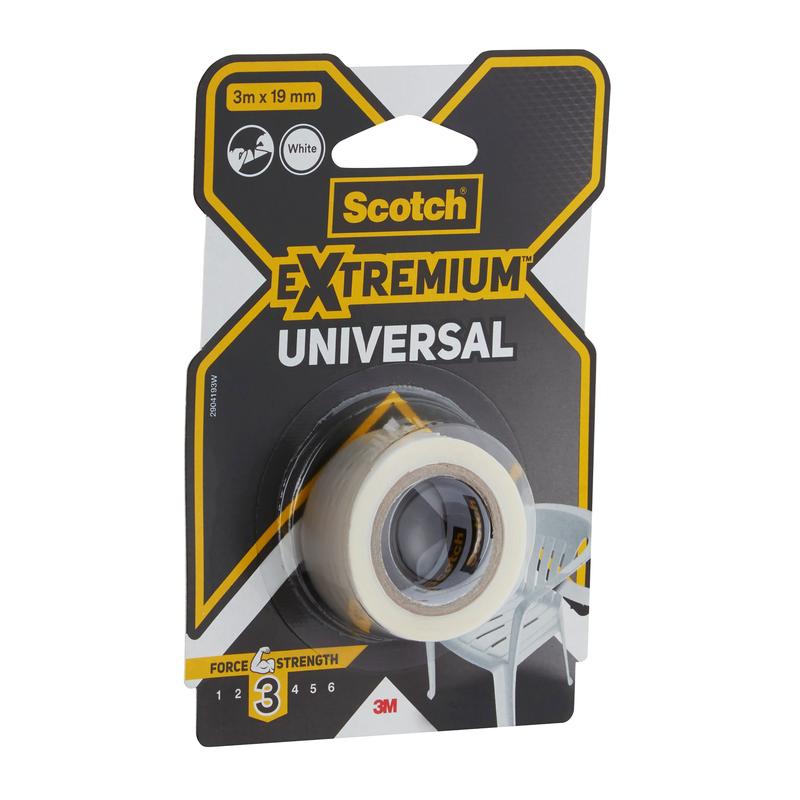 Balení univerzální lepicí pásky Scotch® Extremium™ od 3M Deutschland GmbH, 3 m x 19 mm, s viditelnou bílou lepicí páskou. Černá, žlutá a šedá obal ukazuje bílou plastovou židli.