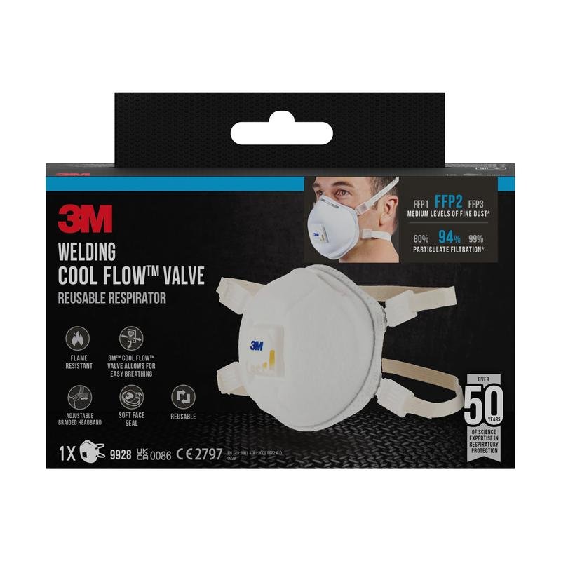 3M™ Cool Flow™ částicová maska 9928 pro svařování (1 kus, od 3M Deutschland GmbH) nabízí ochranu FFP2, ventil, filtraci částic a odolnost vůči plamenům - ideální pro svářeče s opakovaným použitím.