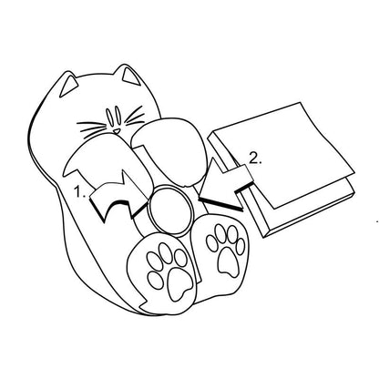 Kresba bílého Post-it® Z-Notes Dispenseru ve tvaru kočky od 3M Deutschland GmbH, označený číslem "1", který drží kulatý objekt, s šipkou směřující doprava na složené růžové Post-it® Super Sticky Z-Notes, označené číslem "2".