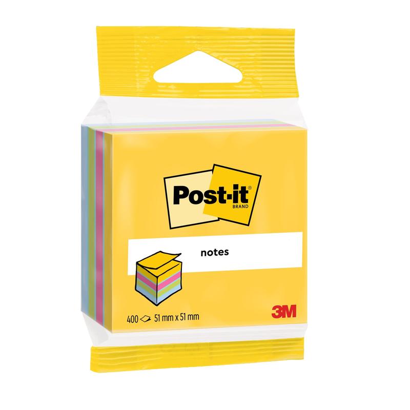 Mini kostky 3M Post-it® Notes od společnosti 3M Deutschland GmbH nabízejí 400 listů na blok v různých barvách, velikost 51 mm x 51 mm, se žlutým obalem a jasnou přední stranou. Vyrobeno ze 100% PEFC certifikovaného papíru.