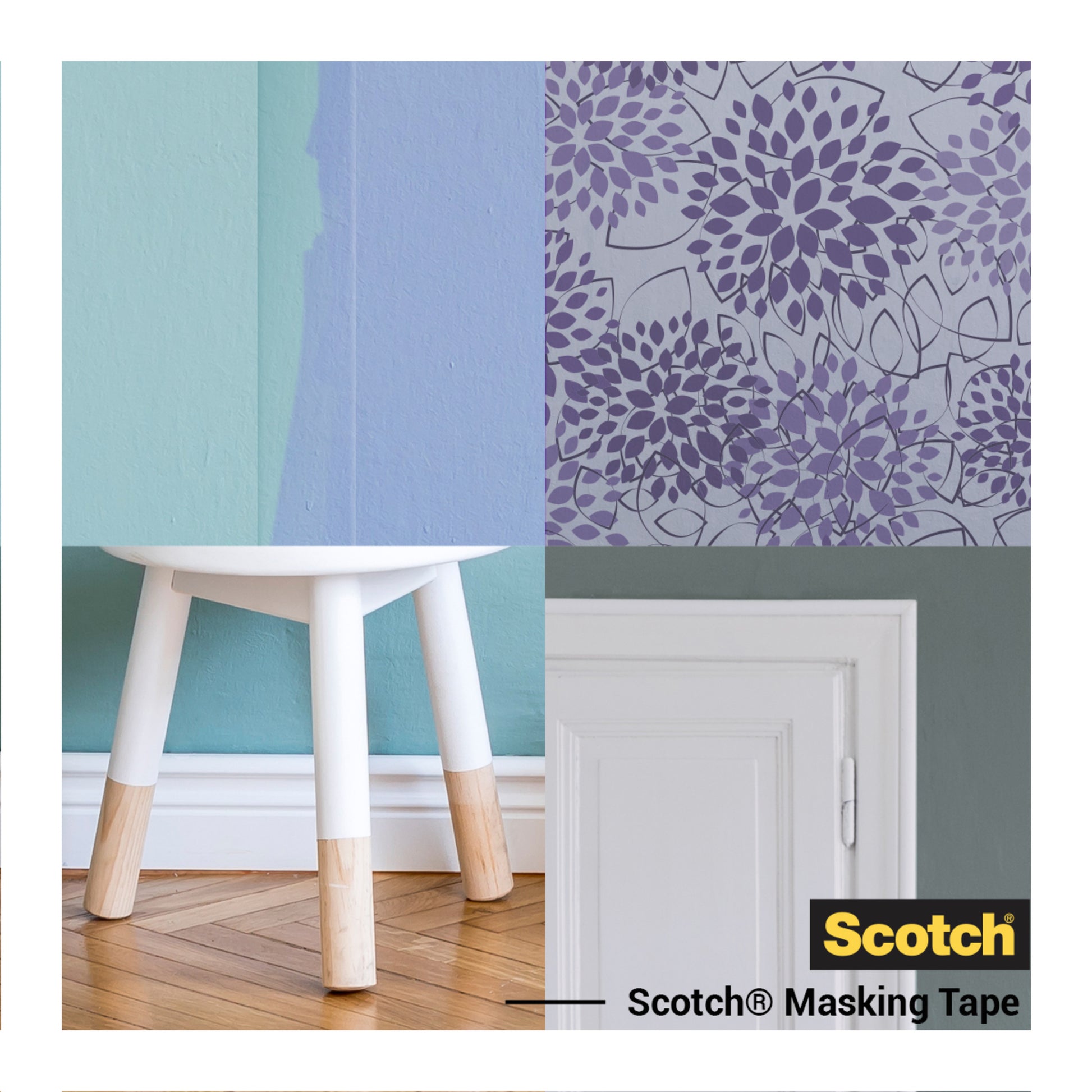 Eine Fotocollage zeigt eine gestrichene Wand, eine Blumentapete, einen weißen Hocker mit Holzbeinen auf einem Holzboden und eine weiße Tür. Unten rechts erscheint das Logo von Scotch® Malerabdeckband für empfindliche Oberflächen by 3M Deutschland GmbH.
