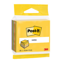 Eine Packung Post-it® Notes Würfel von 3M Deutschland GmbH, 76 x 76 mm, 450 Blatt pro Block, farblich sortiert und PEFC-zertifiziert.