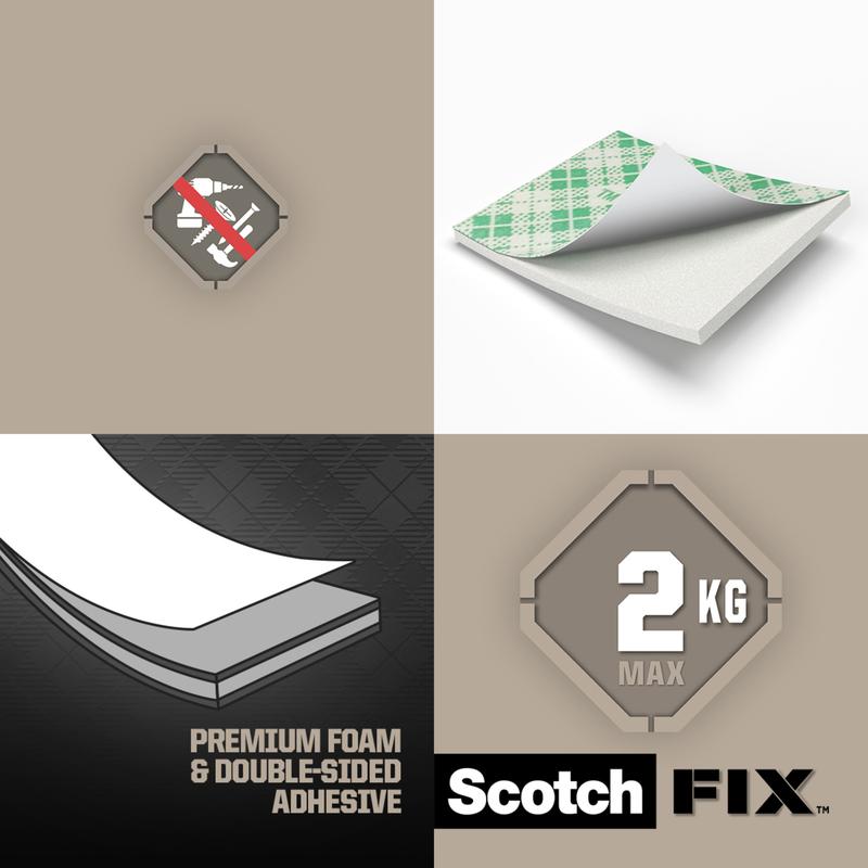 Grafika ukazuje symbol bez hřebíků, Scotch-FIX™ Oboustranné vnitřní montážní čtverce (25 mm x 25 mm, 16 kusů) od 3M Deutschland GmbH, se silnou přilnavostí, "Premium Foam & Double-Sided Adhesive", "2 KG MAX", na béžovém pozadí.