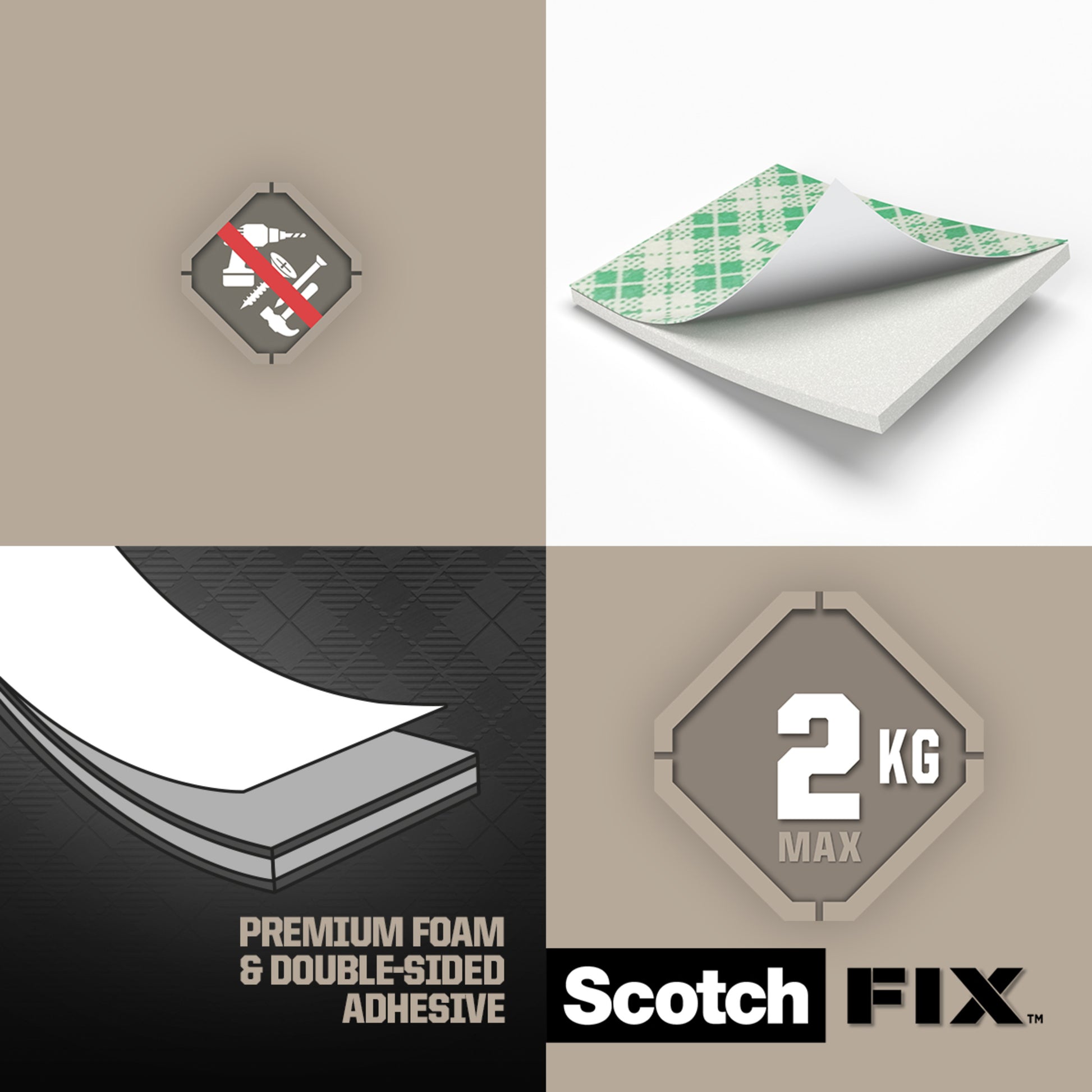 Eine Grafik zeigt 3M Scotch-FIX™ Doppelseitige Innenmontagequadrate (25 mm x 25 mm, 16 Stück), eine Gewichtsgrenze von max. 2 kg, hochwertige Schaumstoff- und Klebstoffschichten, das No-Nail-Symbol und beige/weiß/schwarze Farbblöcke.