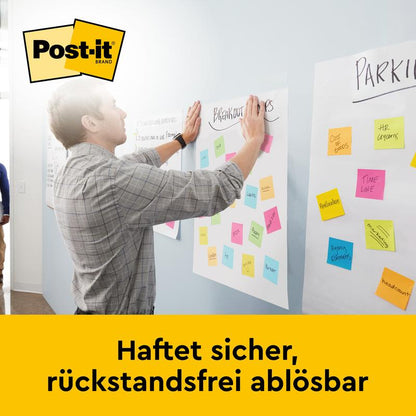 Muž přitlačuje list papíru s barevnými Post-it poznámkami na stěnu a přitom prezentuje Post-it® Super Sticky samolepicí schéma/flipchart na schůzky od 3M Deutschland GmbH pro montáž na stěnu 566 (58,4 x 50,8 cm, 20 listů, 2 bloky, včetně Command™ proužků).