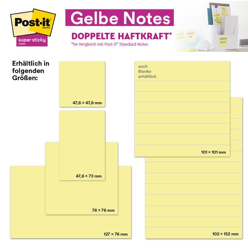 Obrázek ukazuje poznámkové bloky Post-it® Notes, Žlutá od 3M Deutschland GmbH (38 mm x 51 mm, 100 listů/blok, 12 bloků/balení, kartonové balení, 100% PEFC), popsané v němčině a zobrazené jednotlivě a v použití.