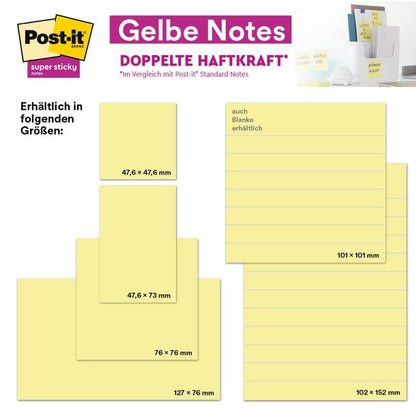 Produktový obrázek Post-it® Super Sticky Notes od 3M Deutschland GmbH ukazuje žluté samolepící poznámky (47,6 x 47,6 mm, 90 listů/blok, 100% PEFC) vedle jiných velikostí: 47,6 x 73 mm, 127 x 76 mm, 101 x 101 mm a 102 x 152 mm.