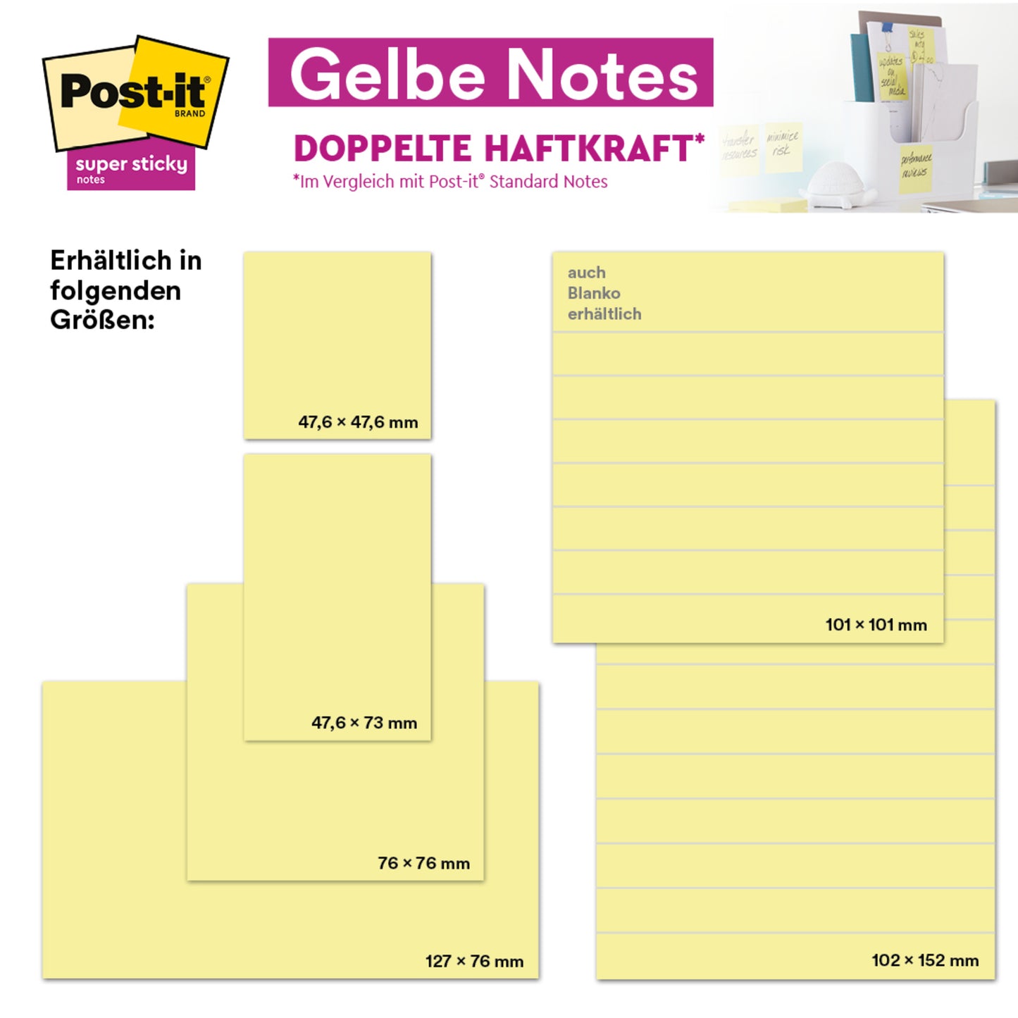 Reklamní obrázek pro Post-it® Super Sticky Notes (žlutá, 47,6 x 47,6 mm, 90 listů/blok, 21+3 zdarma, PEFC) od 3M Deutschland GmbH ukazuje rozměry a branding bloků v kancelářském prostředí.