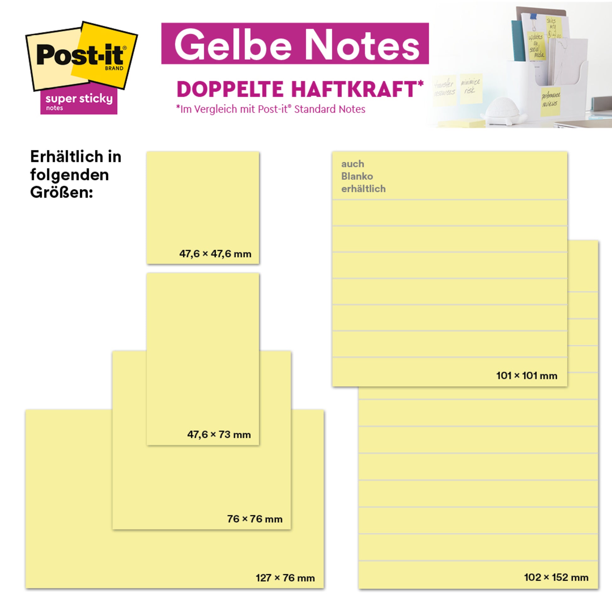 Eine Grafik zeigt "Post-it® Notes, Gelb, 76 mm x 127 mm, 100 Blatt/Block, 12 Blöcke/Packung" von 3M Deutschland GmbH in verschiedenen Größen, rechts oben ist die Produktverpackung zu sehen.