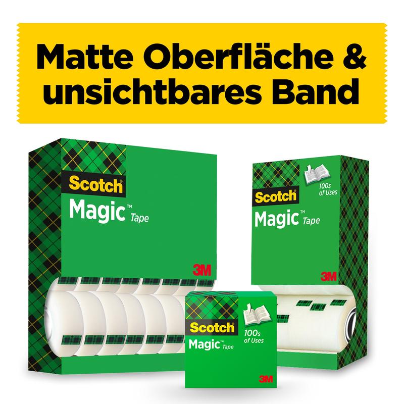 Několik balení Scotch® Magic™ Neviditelná páska od 3M Deutschland GmbH je vystaveno, s odpovídající páskou vpředu. Nahoře žlutý banner: "Matný povrch & neviditelný". Nyní v balíčku: 14 rolí à 19 mm x 33 m!