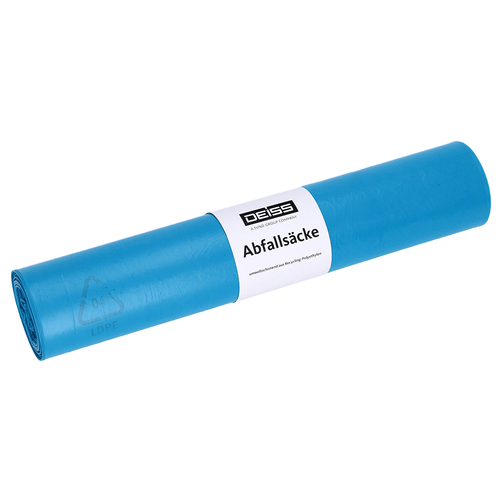 Odpadní pytle Deiss z recyklovaného LDPE, typ 70, 120 litrů, 700x1100 mm, modré | Role (25 kusů)