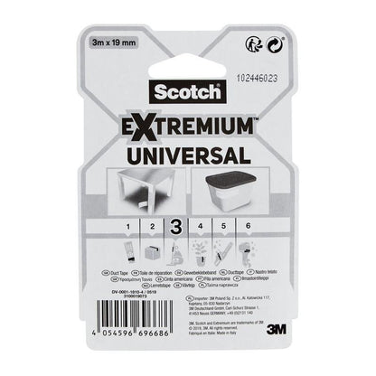Na balení lepicí pásky Scotch® Extremium™ Universal, 3 m x 19 mm od 3M Deutschland GmbH, je zobrazen název produktu, obrázky použití, vícejazyčný návod a logo 3M vpravo dole.