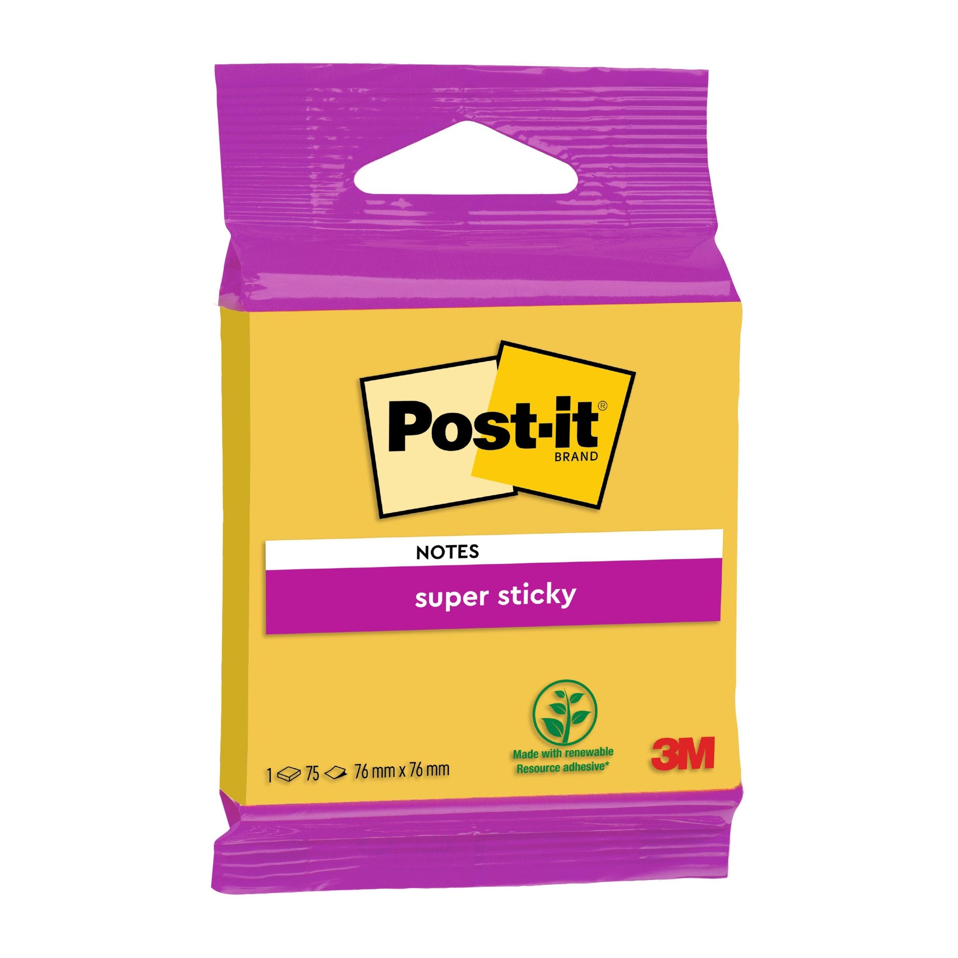 Eine Packung Post-it® Super Sticky Notes 6820S3 von 3M Deutschland GmbH, 76 x 76 mm, in neongrün, neonpink, ultragelb, ultragrün & ultrapink; ein Block mit 75 Blatt; 100% PEFC SGSCH-PEFC-COC-110078.