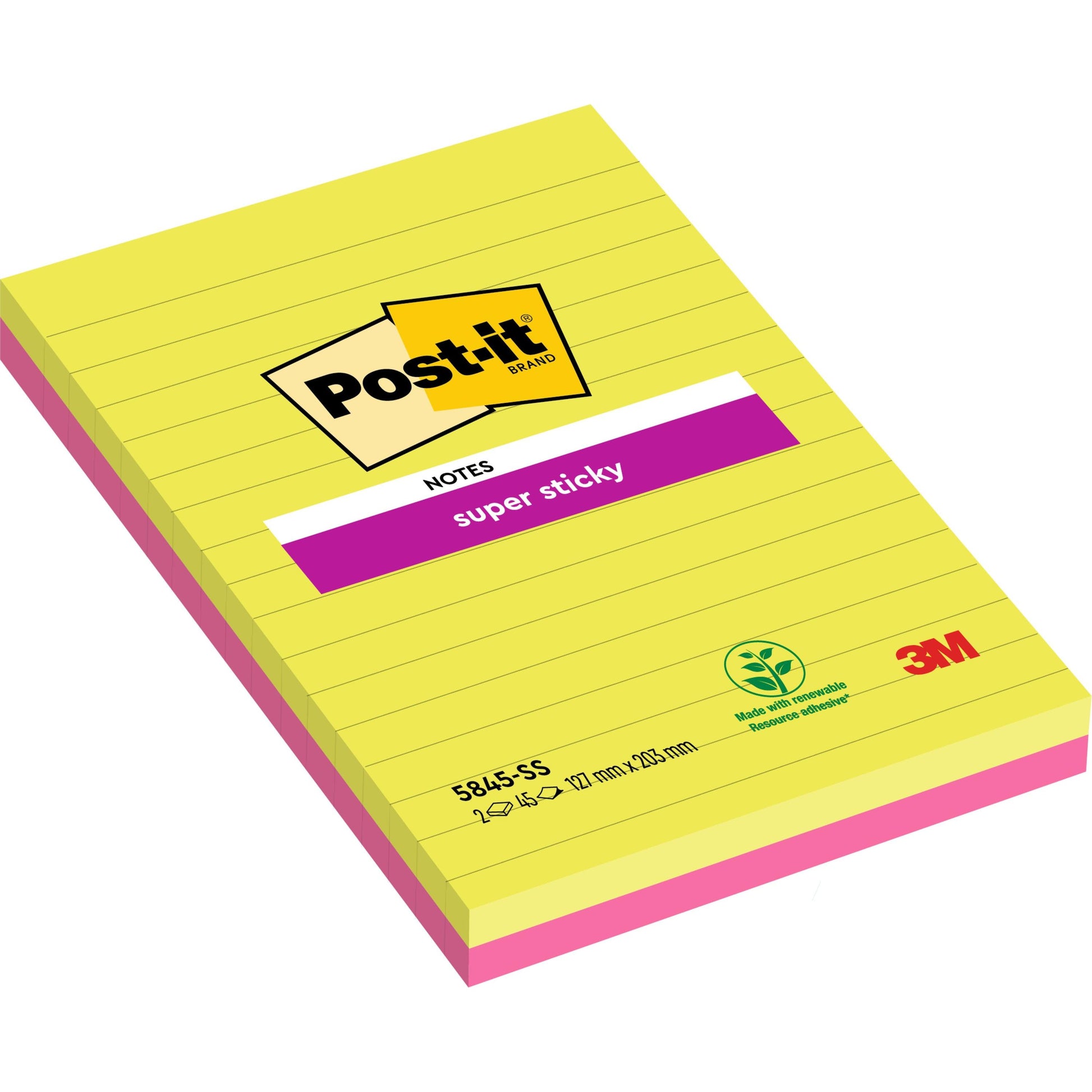 Eine Packung Post-it® Super Sticky Notes im Großformat von 3M Deutschland GmbH, liniert, in rosa und grün, mit den Maßen 127x203 mm. Jede Packung enthält zwei Blöcke mit je 45 Blatt (100% PEFC-zertifiziert).