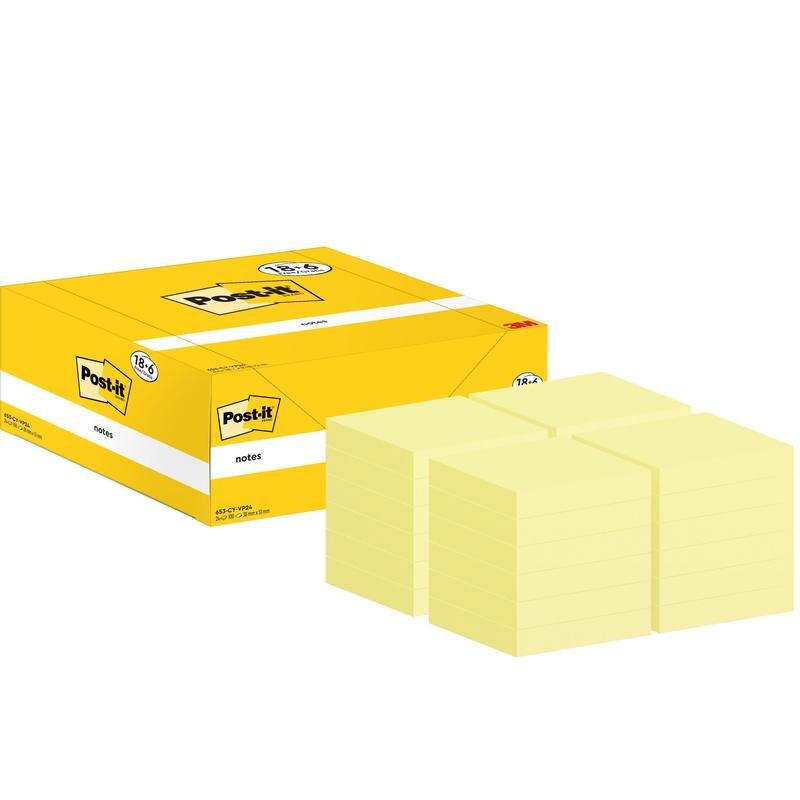 Žlutá krabice samolepicích lístků Post-it® od 3M Deutschland GmbH stojí vedle čtyř stohů žlutých poznámkových lístků (38x51mm, 100 listů/blok), které jsou součástí balení 18+6 zdarma v kartonovém balení, 100% PEFC certifikováno.