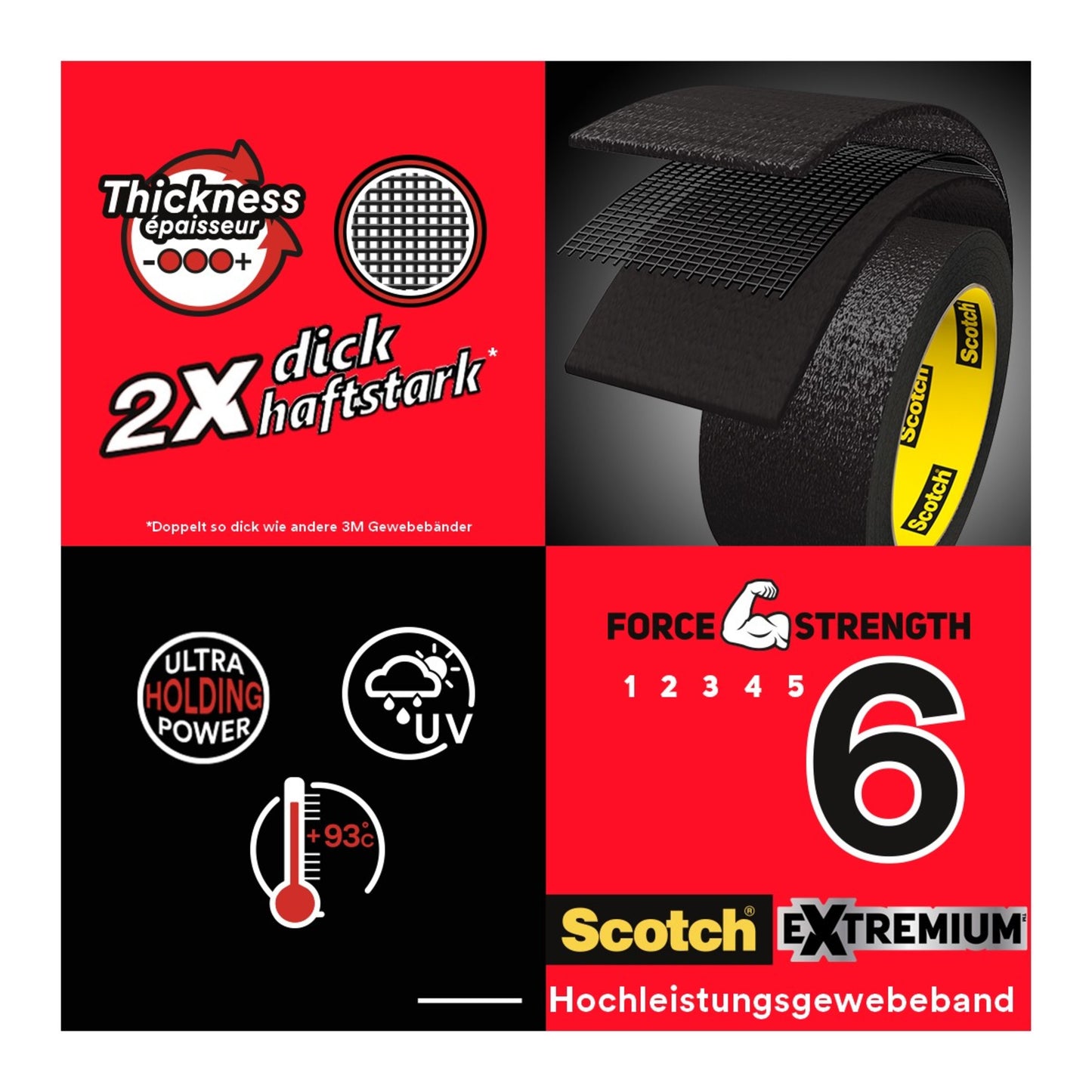 Die Grafik zeigt das 3M Deutschland GmbH Scotch® Extremium™ Ultra Hochleistungs-Klebeband DT17 (25 m x 48 mm) mit doppelter Stärke, starkem Halt, UV-/Hitzebeständigkeit bis 93°C und Kraftstufe 6 auf rotem und schwarzem zweisprachigem Hintergrund.