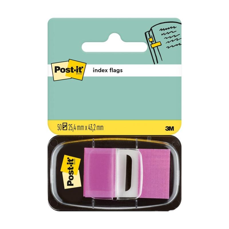 Balení s 50 Post-it® Index záložkami od 3M Deutschland GmbH s rozměry 25,4 mm x 43,2 mm. Balení ukazuje ruku používající praporek k označení stránky.