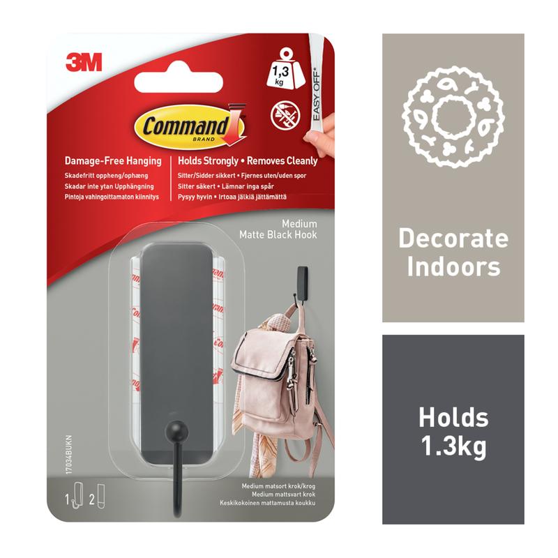 Středně velký matně černý háček Command™ od 3M Deutschland GmbH (17034B) unese až 1,3 kg, je vhodný pro použití v interiéru a díky obsahu 2 proužků se dá bez zbytků odstranit - ideální pro vrtání bez poškození.