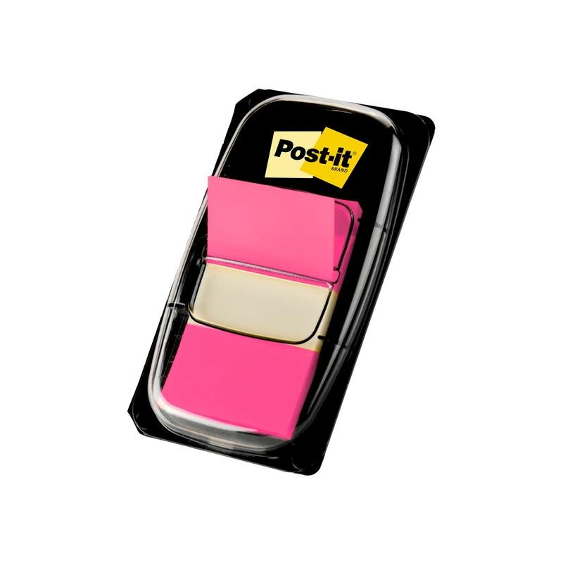 Balení 3M Deutschland GmbH Post-it® Index záložek, Standard (25,4 mm x 43,2 mm), 50 kusů v dávkovači s jasně růžovými praporky a žlutým Post-it logem na štítku.