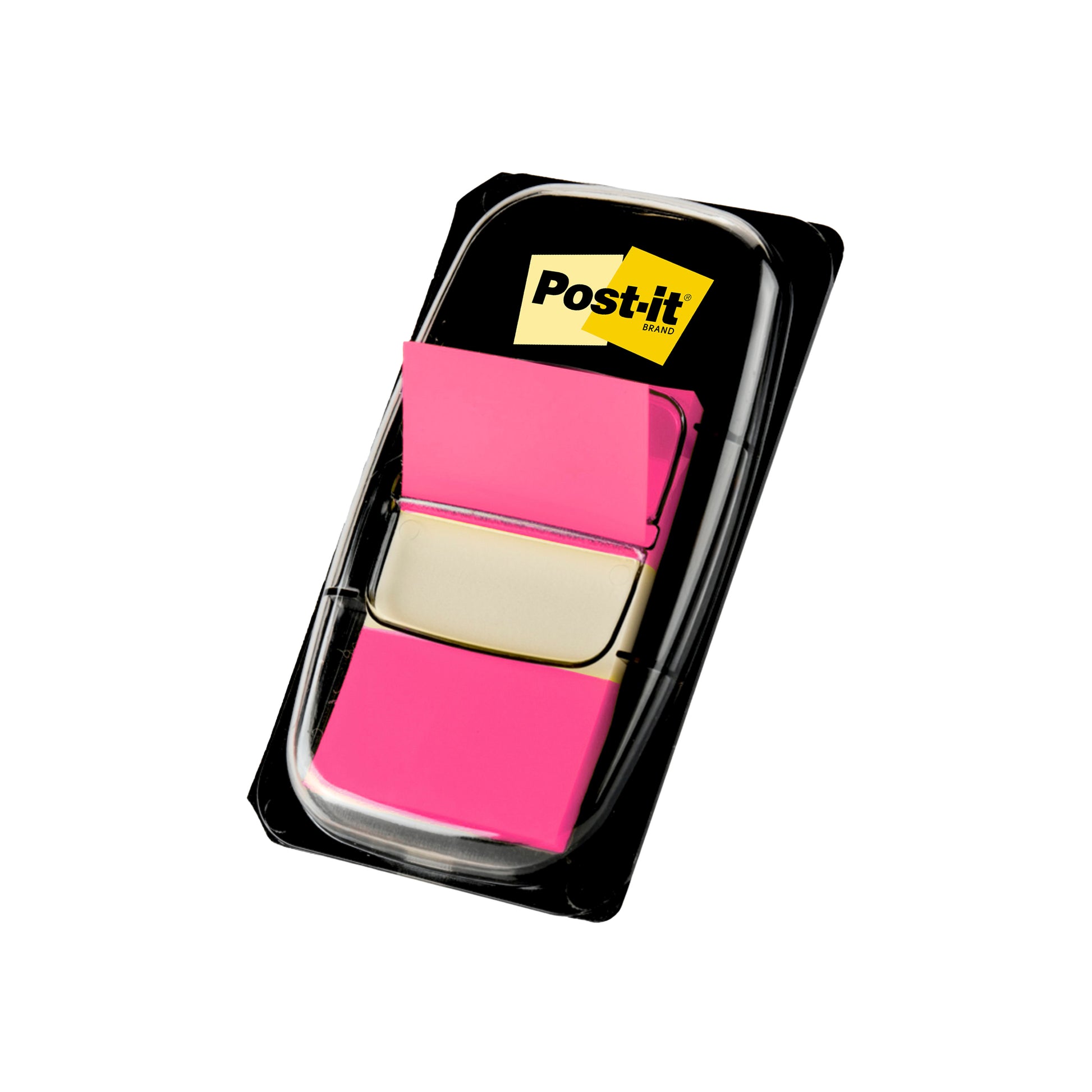 Eine Packung 3M Deutschland GmbH Post-it® Index Haftstreifen, Standard (25,4 mm x 43,2 mm), 50 Stück in einem Spender mit leuchtend rosa Fähnchen und dem gelben Post-it Logo auf dem Etikett.