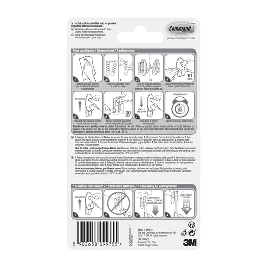 Die Rückseite einer Command™ Kleider-Haken, 17019-FGN (1 Stück) Verpackung von 3M Deutschland GmbH zeigt bebilderte Anwendungs- und Abnahmeschritte, Sicherheitswarnungen, Tipps, mehrsprachige Informationen sowie das 3M Logo und den Barcode.