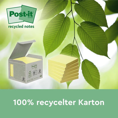 Krabice Post-it® Recycling Notes (76 x 127 mm, 100 listů/blok, 100% PEFC) od 3M Deutschland GmbH stojí vedle zelených listů. Text ukazuje "100% recyklovaná lepenka" a "recyklované poznámky" s logem Post-it.