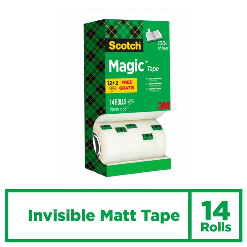 Balíček obsahuje 14 rolí Scotch® Magic™ Neviditelná páska (19 mm x 33 m) od 3M Deutschland GmbH v zelené krabičce s tartanovým vzorem a nápisem "Invisible Matt Tape" a "14 Rolls".