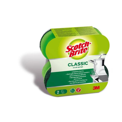 Balení čisticí houbičky Scotch-Brite® Classic od 3M Deutschland GmbH zobrazuje dvě zelené a žluté houbičky, vícejazyčné informace o produktu a obrázek čistého nádobí.