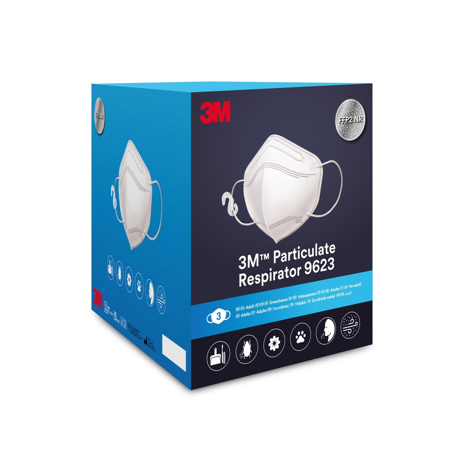 Eine blaue Schachtel der 3M™ Partikelmaske 9623 (3/Packung | 1 Stück) der 3M Deutschland GmbH mit der Maske, dem 3M Logo, den Filter-/Schutzsymbolen und den Zertifizierungssymbolen auf der Verpackung.