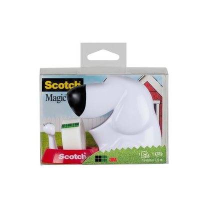 Stolní dávkovač Scotch™ ve tvaru psa C31 s lepicí páskou Scotch® Magic™ (19 mm x 8,89 m, 1 role) od 3M Deutschland GmbH přichází v psím dávkovači s průhledným obalem a komiksovou psí boudou. Perfektní pro kancelářské potřeby.