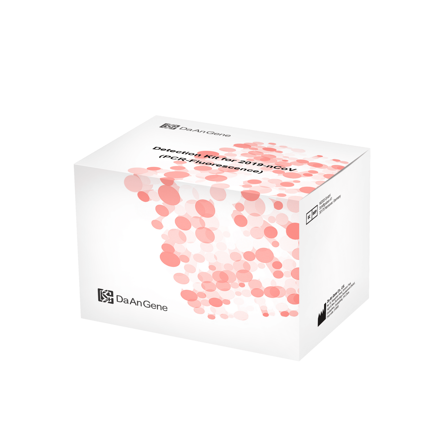 Na zeleném pozadí je vyobrazena bílá obalová krabička pro „Detekční sadu (PCR-fluorescence) DaAn Genodiagnostický kit pro 2019-ncov“ s 96 testy, ozdobená nápisem „Altruan“.