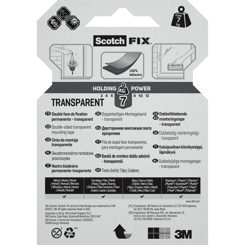 Průhledná oboustranná montážní páska Scotch-FIX™ 4910C od společnosti 3M Deutschland GmbH má etiketu s nosností až 7 kg, vícejazyčný návod, produktové obrázky a logo 3M na spodním okraji.