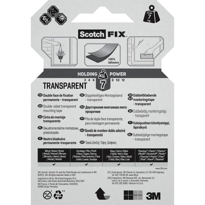 Průhledná oboustranná montážní páska Scotch-FIX™ 4910C od společnosti 3M Deutschland GmbH má etiketu s nosností až 7 kg, vícejazyčný návod, produktové obrázky a logo 3M na spodním okraji.