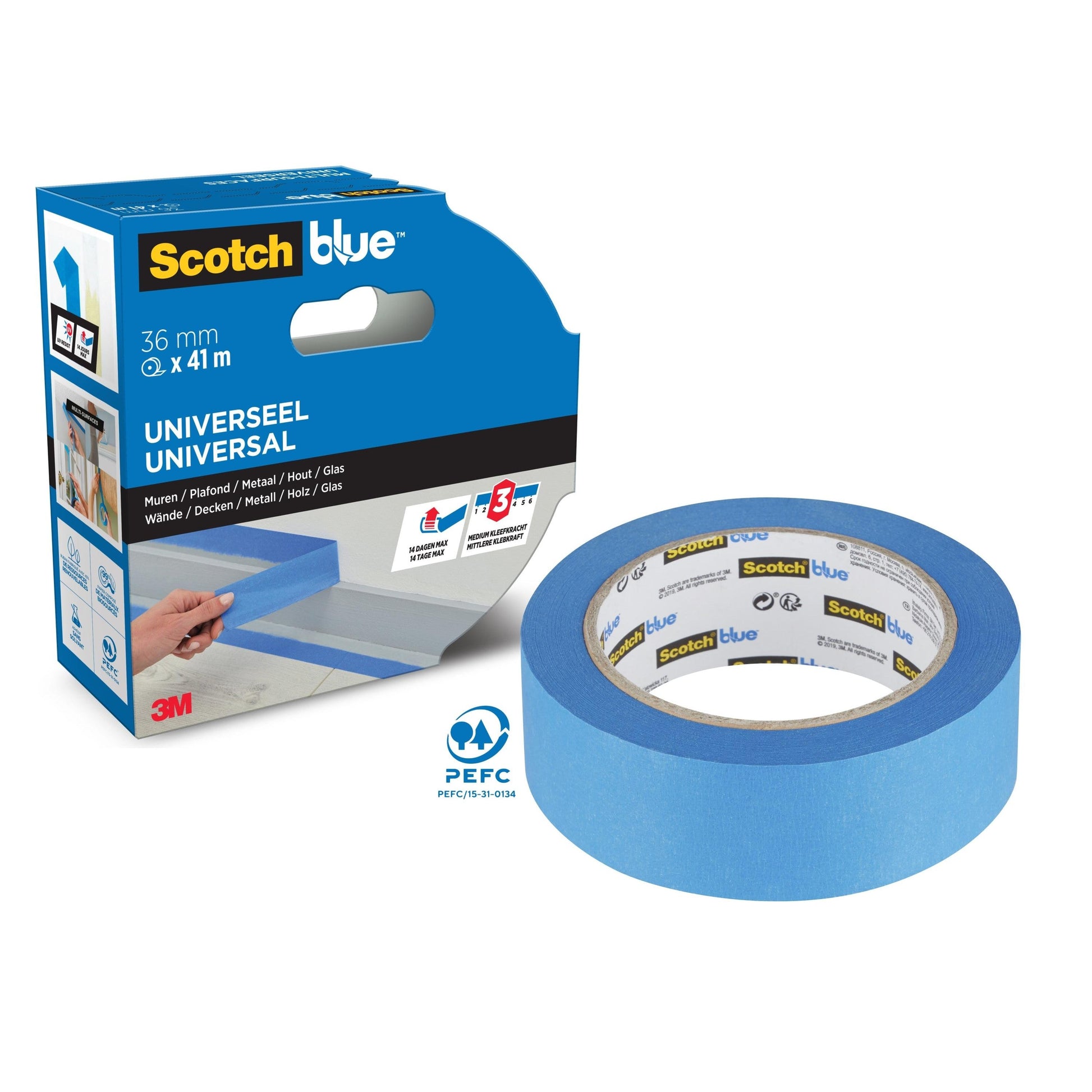 Eine Rolle ScotchBlue™ Malerabdeckband "Multi-Surface" der 3M Deutschland GmbH ist in einer blau-schwarzen Verpackung mit dem 3M-Logo, einer Bandbreite von 36 mm und dem Hinweis auf die Eignung für mehrere Oberflächen abgebildet.