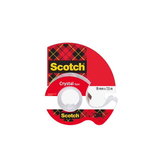 Abgebildet ist eine Packung Scotch® Crystal Klebeband (19 mm x 7,5 m) der 3M Deutschland GmbH, bestehend aus 1 Rolle und einem Handabroller, in einem transparenten Spender.