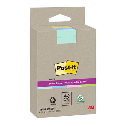 Balení Post-it® Super Sticky 100% Recycling Notes, linkované a v různých barvách (102x152mm, 45 listů/blok, 4 bloky/balení), vyrobené 3M Deutschland GmbH z PEFC certifikovaného papíru (SGSCH-PEFC-COC-110078).