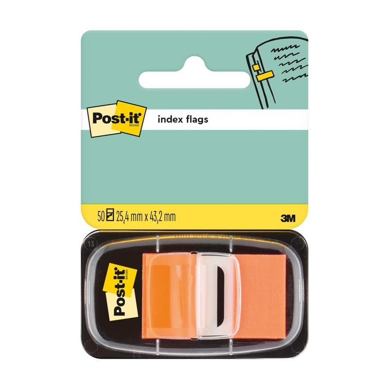 Balení Post-it® Index záložek, Standard (25,4 mm x 43,2 mm, 50 záložek/dávkovač) od 3M Deutschland GmbH obsahuje oranžové a bílé záložky. Na obalu je logo Post-it a informace o velikosti produktu.