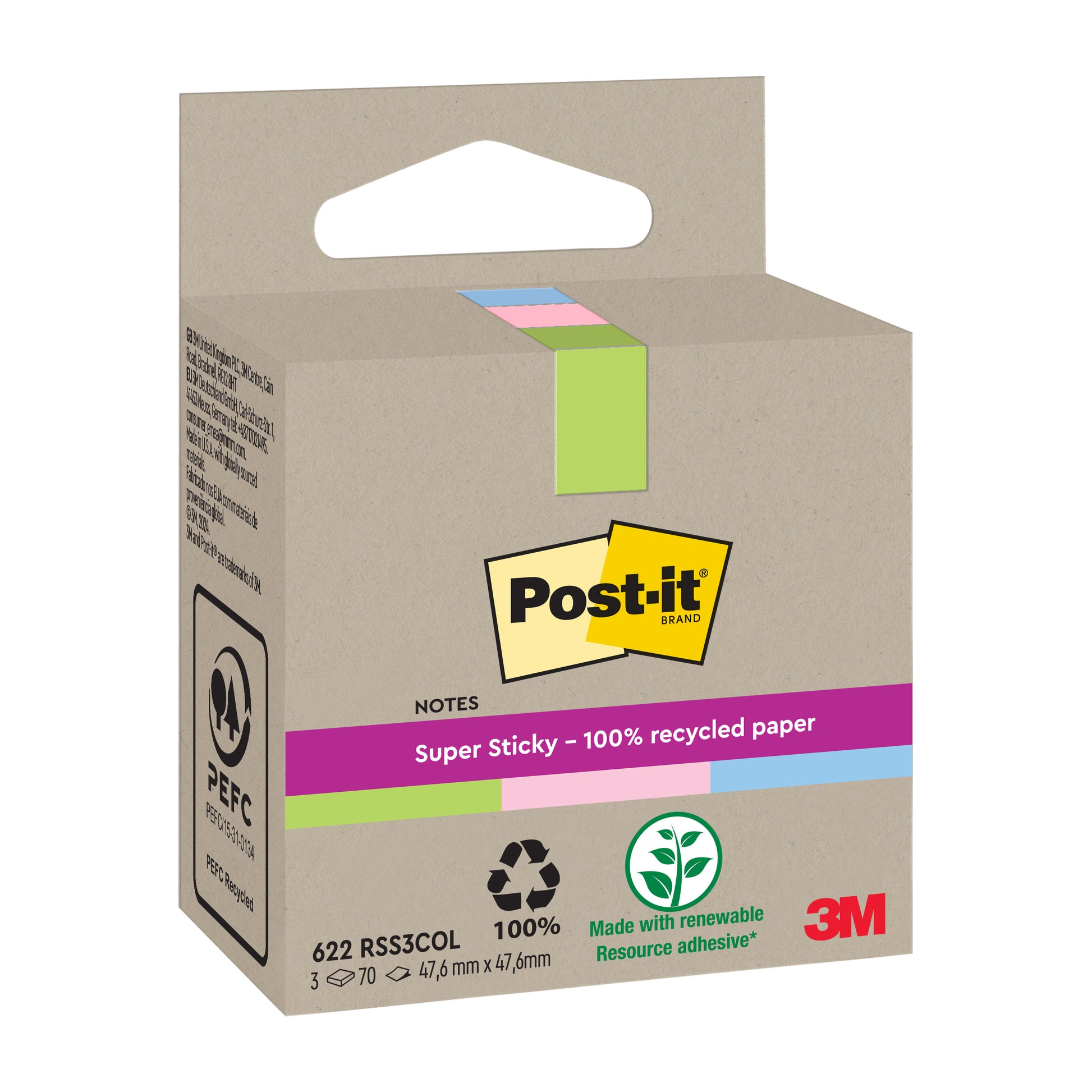 Ein Paket Post-it® Super Sticky 100% Recycling Notes (47,6x47,6 mm, 70 Blatt/Block, 100% PEFC) von 3M Deutschland GmbH in brauner Box mit Recycling-Symbolen und bunten Akzenten - umweltfreundliche Haftnotizen.