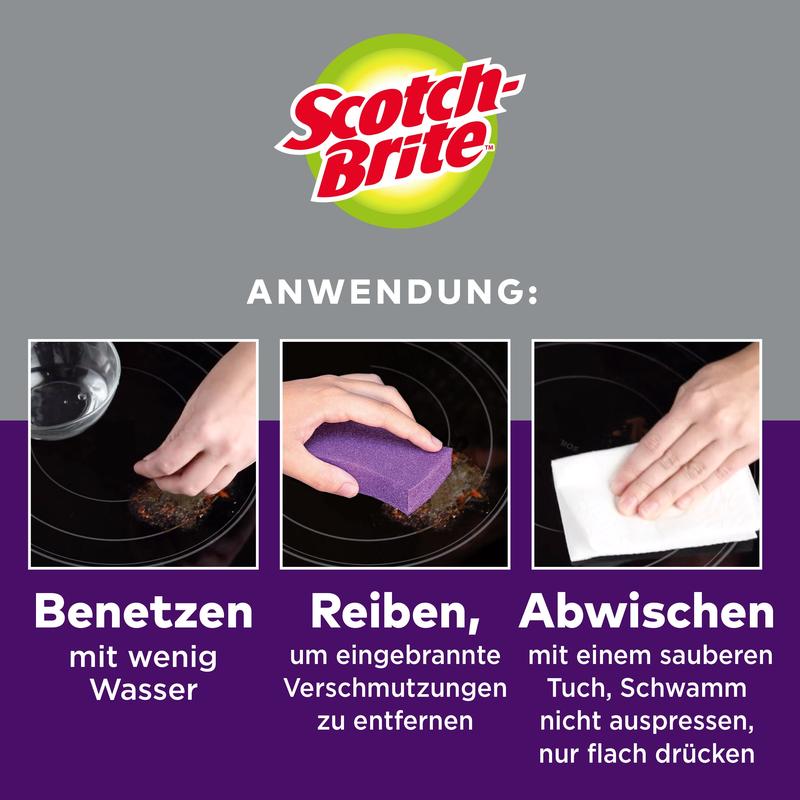 Tři kroky k čištění se sklokeramickou čisticí houbičkou Scotch-Brite™ (3M Deutschland GmbH): 1) Navlhčete sklokeramický povrch. 2) Odstraňte připáleniny houbičkou. 3) Otřete hadříkem - houbičku nestlačujte na plocho.