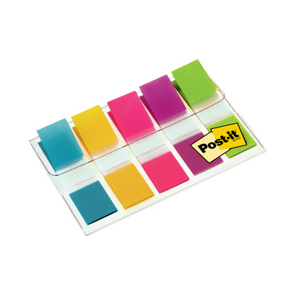 Post-it® Index Lepicí proužky Mini Dávkovač od 3M Deutschland GmbH pojme 100 barevných značkovačů (11,9 x 43,2 mm) v barvách modrá, žlutá, růžová, fialová a zelená; na pravé straně průhledného plastového dávkovače je malé žluté etiketa Post-it Notes.