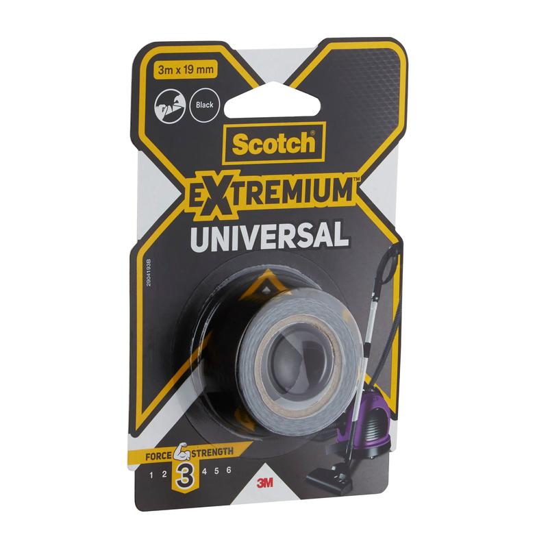 Balení univerzální lepicí pásky 3M Deutschland GmbH Scotch® Extremium™, 3 m x 19 mm, černé, s úrovní pevnosti 3 na přední straně; balení v žluté, černé a bílé barvě.